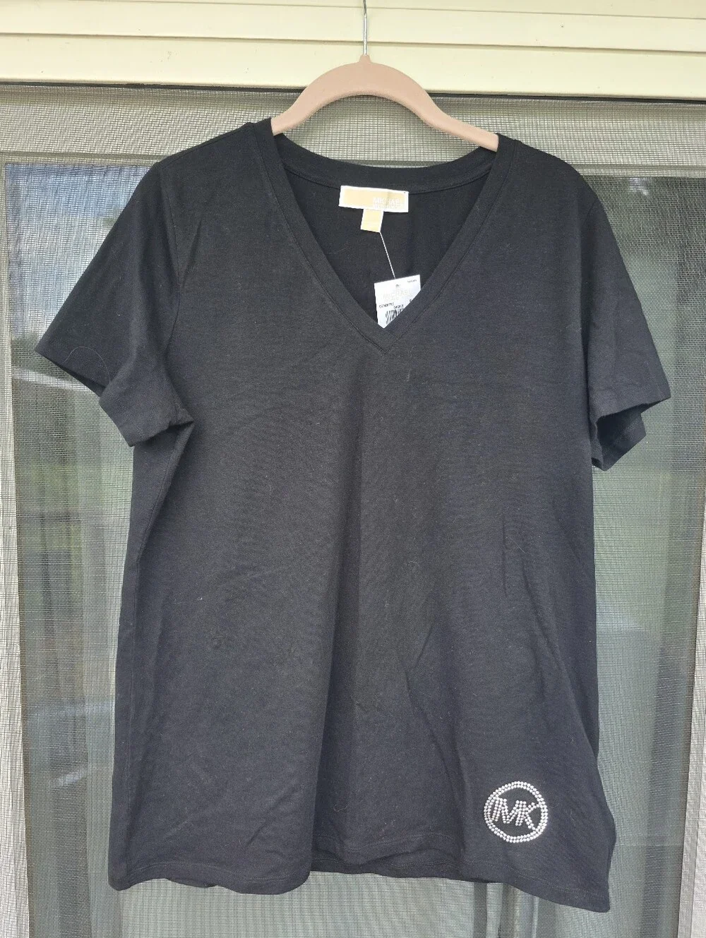 Michael Kors Black V-Neck Short Sleeve Tee with MK Rhinestone L NWT